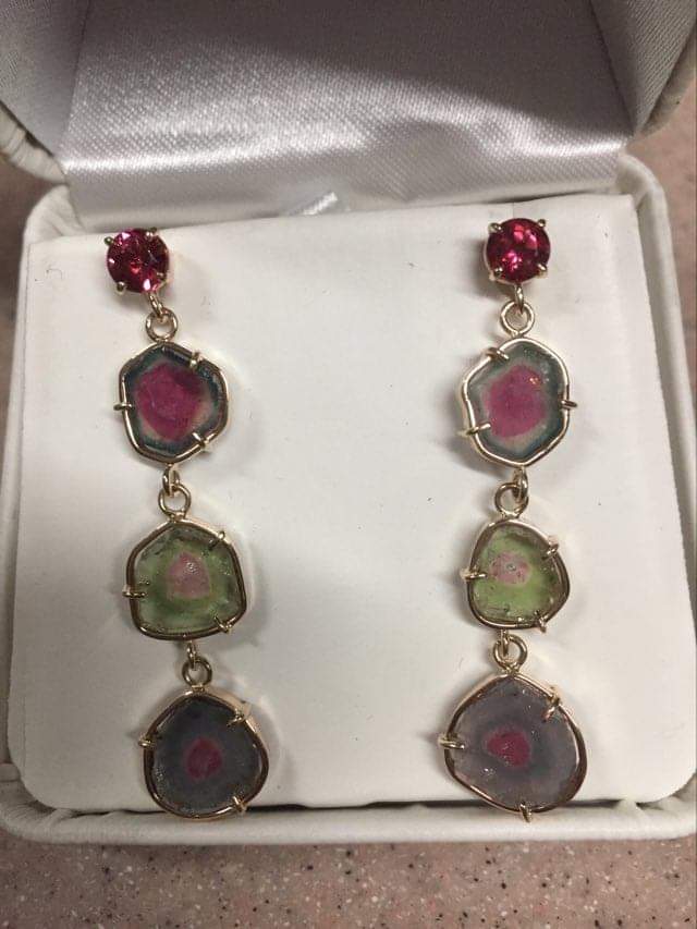 pink troumaline earrings with watermelon tourmaline slices in 14 yellow gold front view