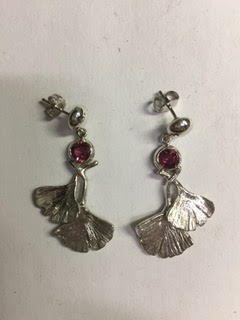 Pink grape Rhodolite garnet and sterling silver gingko leaves post earrings